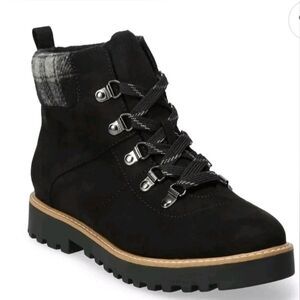 Sonoma Goods Black Lace-Up Ankle Hiking Boots Plaid Cuff Womens Size 8.5